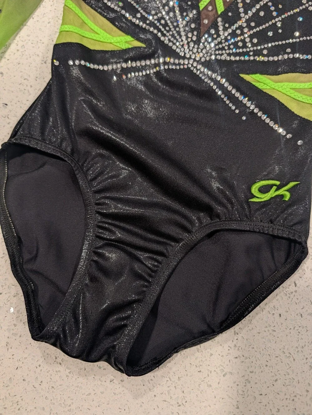 COMPETITION GK Elite Large Gymnastics Dance Leotard Neon Green 3/4 slv SWAROVSKI